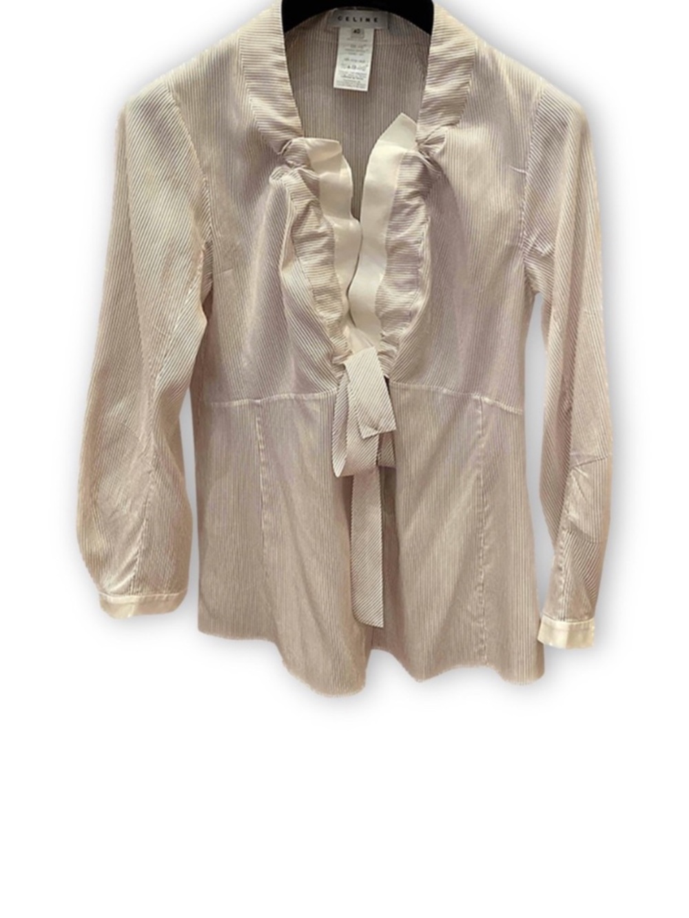 Celine Open Front Silk Pin Striped Low Bow  Blouse